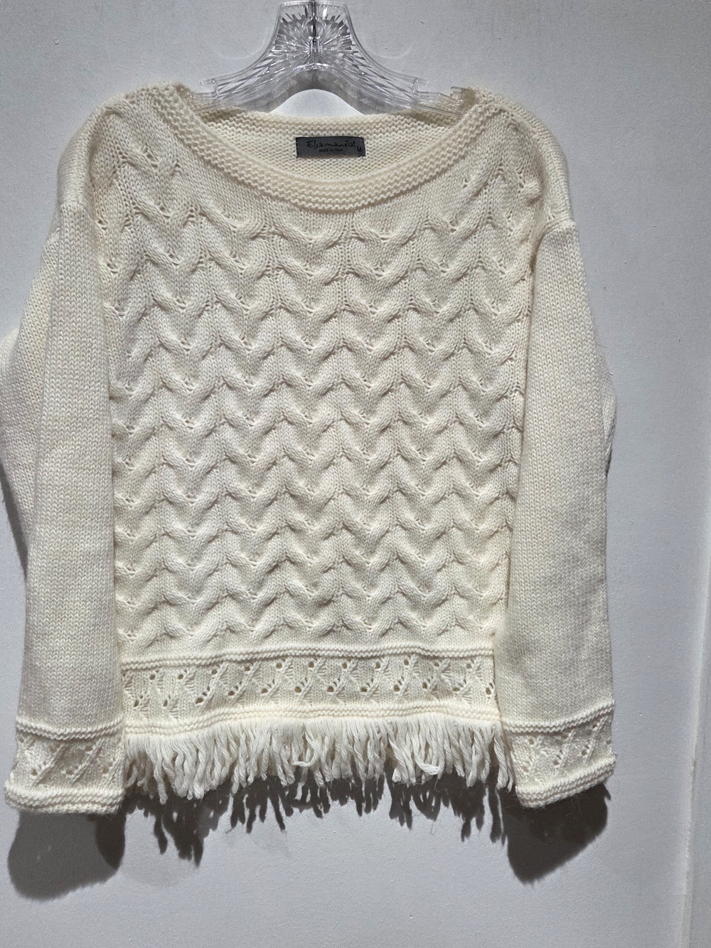 Cream Cable Knit Fringe Sweater Crew Neck